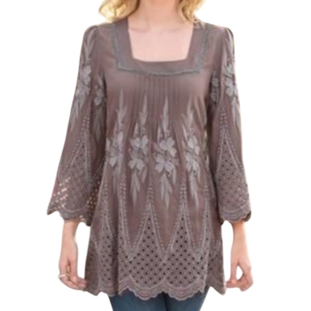 Sundance Brown Rayon Embroidered Eyelet Bell Sleeve Tunic Size Small